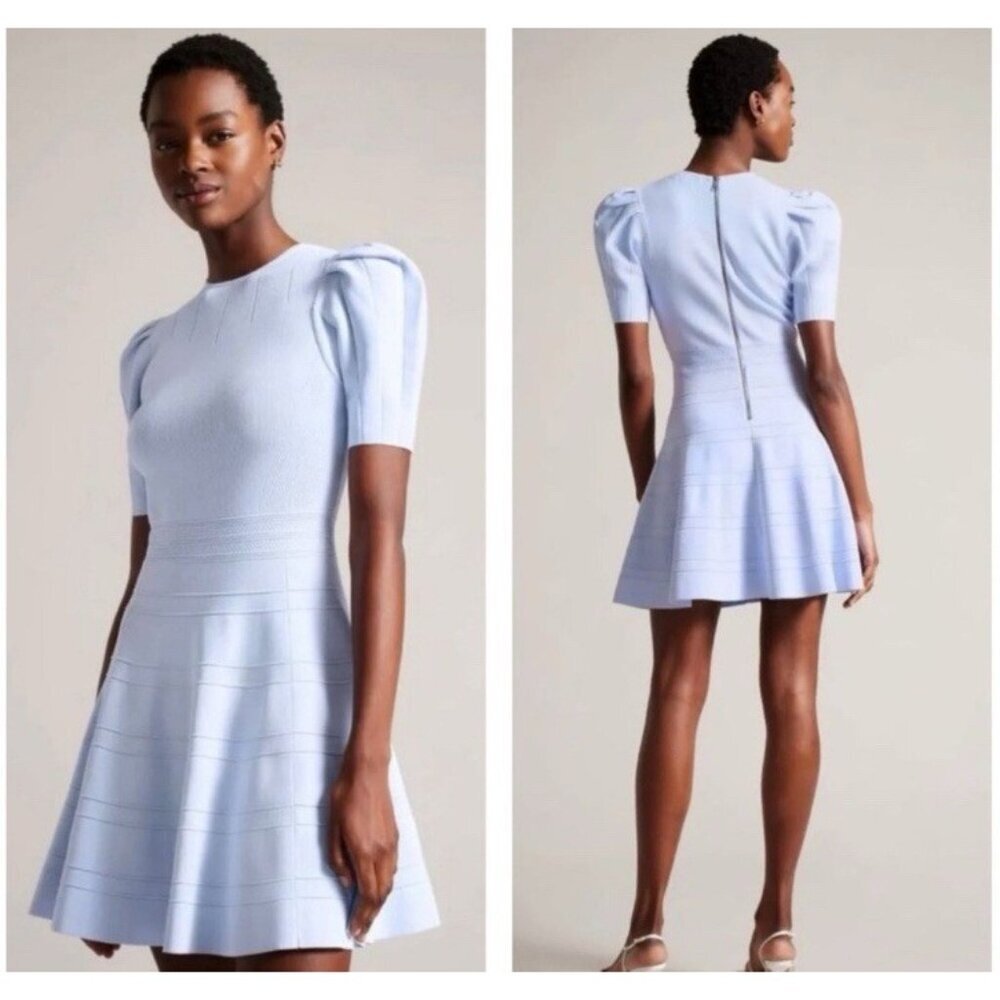 Ted Baker Velvey Puff Sleeve Knit Skater Dress Womens 4 Baby Blue Stretch Mini